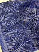 Curvy Line Design Fabric - Dark Royal Blue - 4 Way Stretch Sequins Design Mesh Lace Fabric by Yard