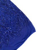Leaf Design Stretch Sequins - Dark Royal Blue - 4 Way Stretch Lace Mesh Sequins Fabric by Yard