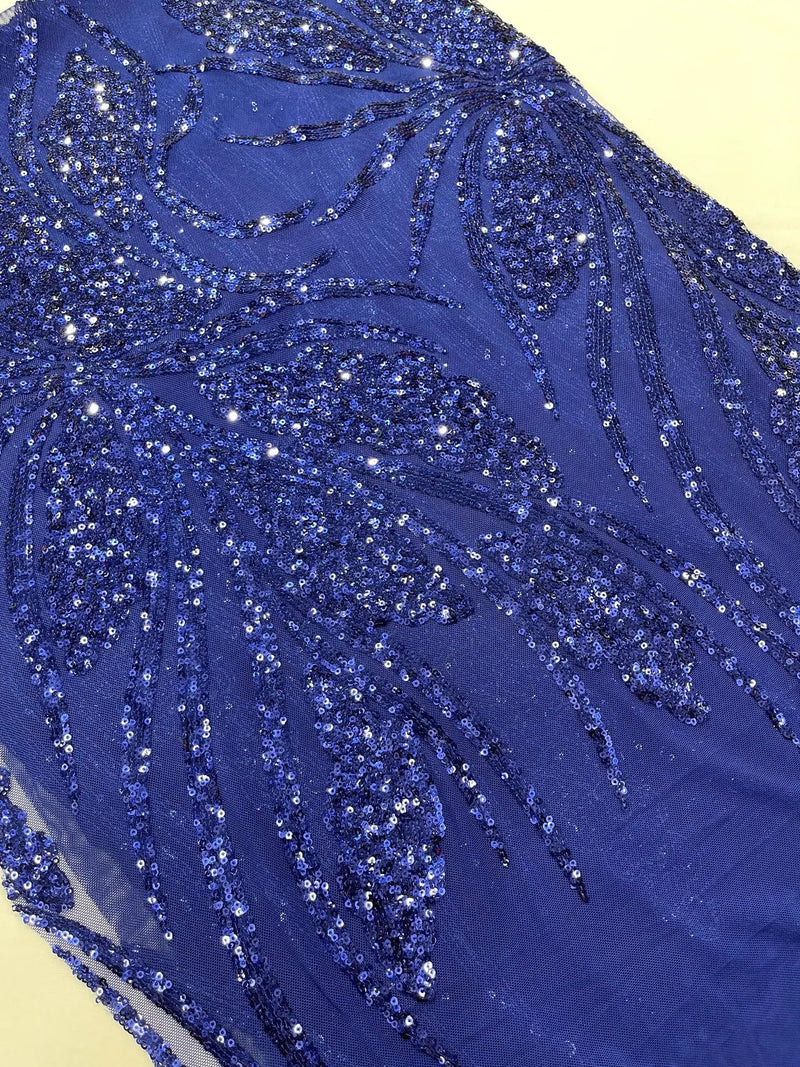 Wavy Leaf Sequins Fabric - Dark Royal Blue - Wavy Lines and Leaves Design on Lace Mesh Fabric by Yard