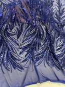Leaf Design Stretch Sequins - Dark Royal Blue - 4 Way Stretch Lace Mesh Sequins Fabric by Yard