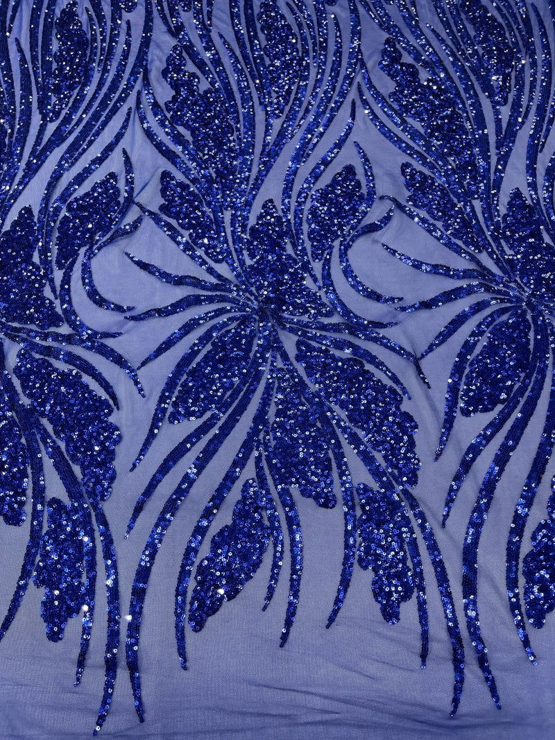 Wavy Leaf Sequins Fabric - Dark Royal Blue - Wavy Lines and Leaves Design on Lace Mesh Fabric by Yard