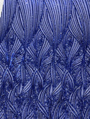 Curvy Line Design Fabric - Dark Royal Blue - 4 Way Stretch Sequins Design Mesh Lace Fabric by Yard