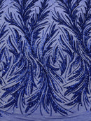 Leaf Design Stretch Sequins - Dark Royal Blue - 4 Way Stretch Lace Mesh Sequins Fabric by Yard