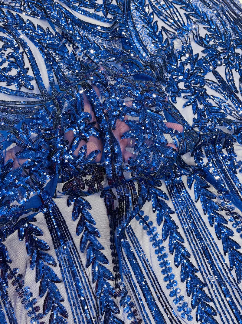 Mermaid Design Sequins Fabric - Dark Royal Blue - Sequins Fabric 4 Way Stretch on Mesh By Yard