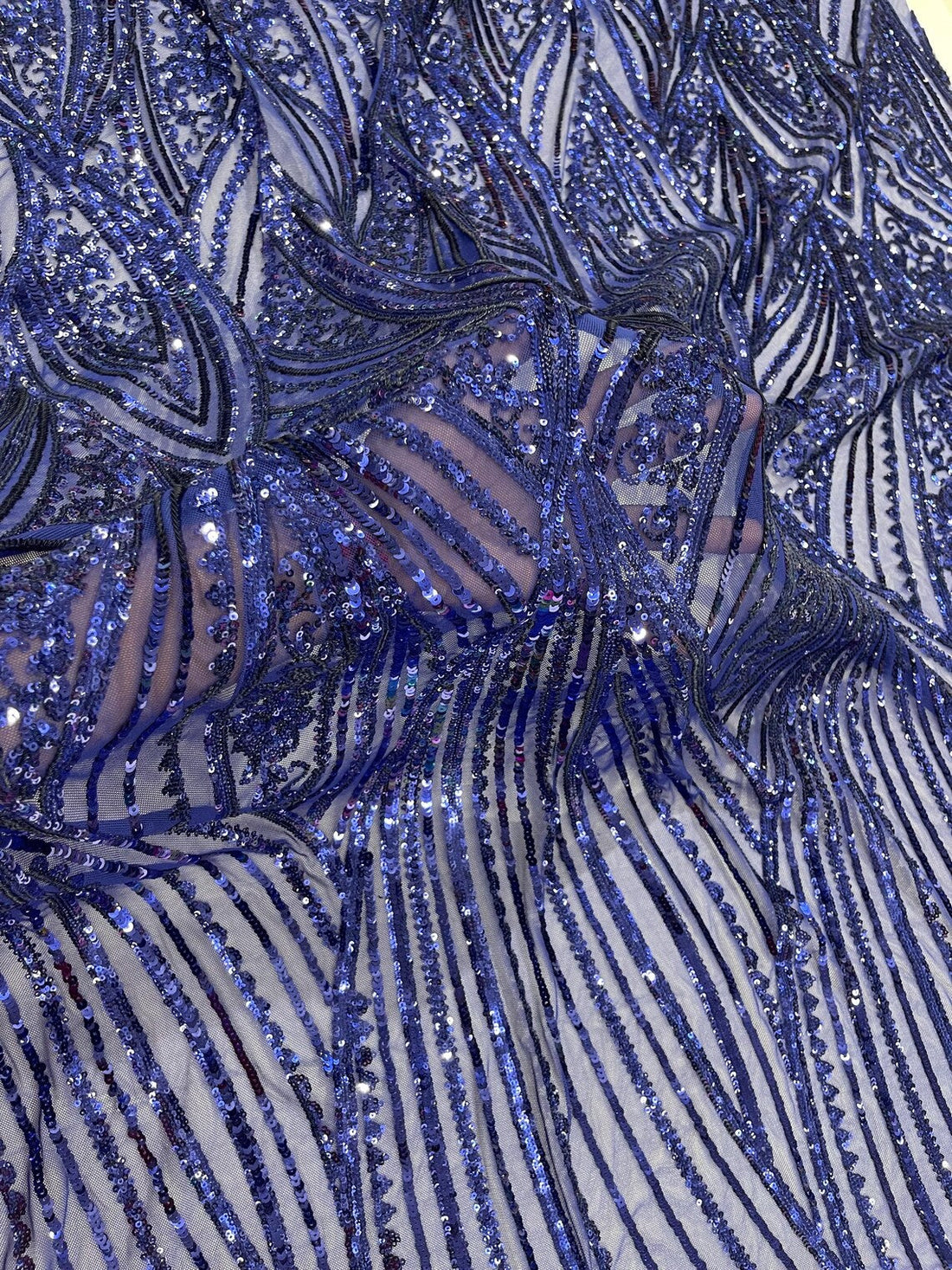 Curvy Line Design Fabric - Dark Royal Blue - 4 Way Stretch Sequins Des
