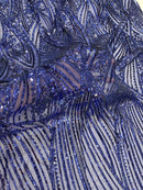 Curvy Line Design Fabric - Dark Royal Blue - 4 Way Stretch Sequins Design Mesh Lace Fabric by Yard