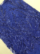 Leaf Design Stretch Sequins - Dark Royal Blue - 4 Way Stretch Lace Mesh Sequins Fabric by Yard
