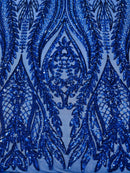 Mermaid Design Sequins Fabric - Dark Royal Blue - Sequins Fabric 4 Way Stretch on Mesh By Yard