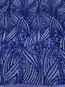 Curvy Line Design Fabric - Dark Royal Blue - 4 Way Stretch Sequins Design Mesh Lace Fabric by Yard
