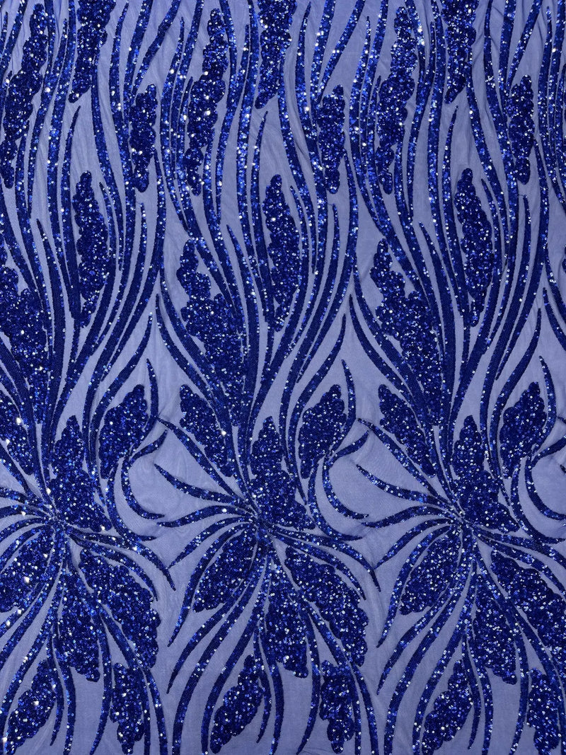 Wavy Leaf Sequins Fabric - Dark Royal Blue - Wavy Lines and Leaves Design on Lace Mesh Fabric by Yard