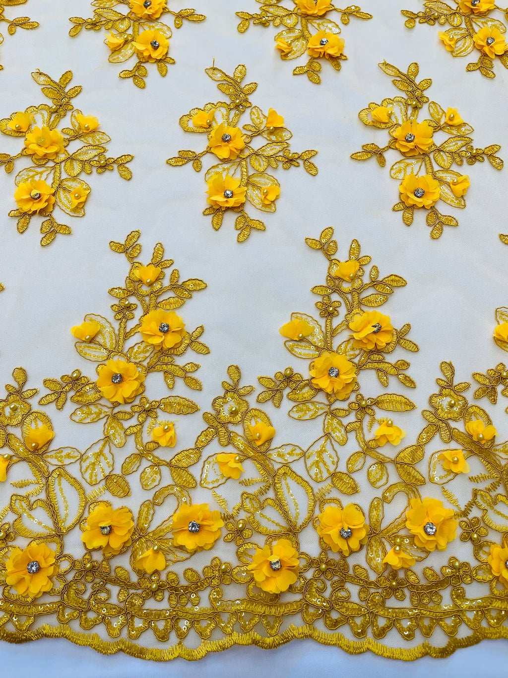 3D Embroidered Floral Fabric - Dark Yellow - 3D Rhinestone and Sequins Floral Fabric Sold By Yard