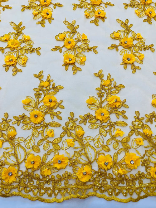 3D Embroidered Floral Fabric - Dark Yellow - 3D Rhinestone and Sequins Floral Fabric Sold By Yard