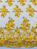 3D Embroidered Floral Fabric - Dark Yellow - 3D Rhinestone and Sequins Floral Fabric Sold By Yard