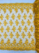 3D Embroidered Floral Fabric - Dark Yellow - 3D Rhinestone and Sequins Floral Fabric Sold By Yard