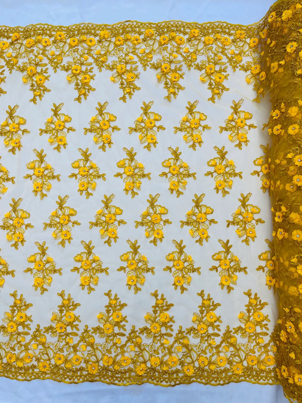 3D Embroidered Floral Fabric - Dark Yellow - 3D Rhinestone and Sequins Floral Fabric Sold By Yard