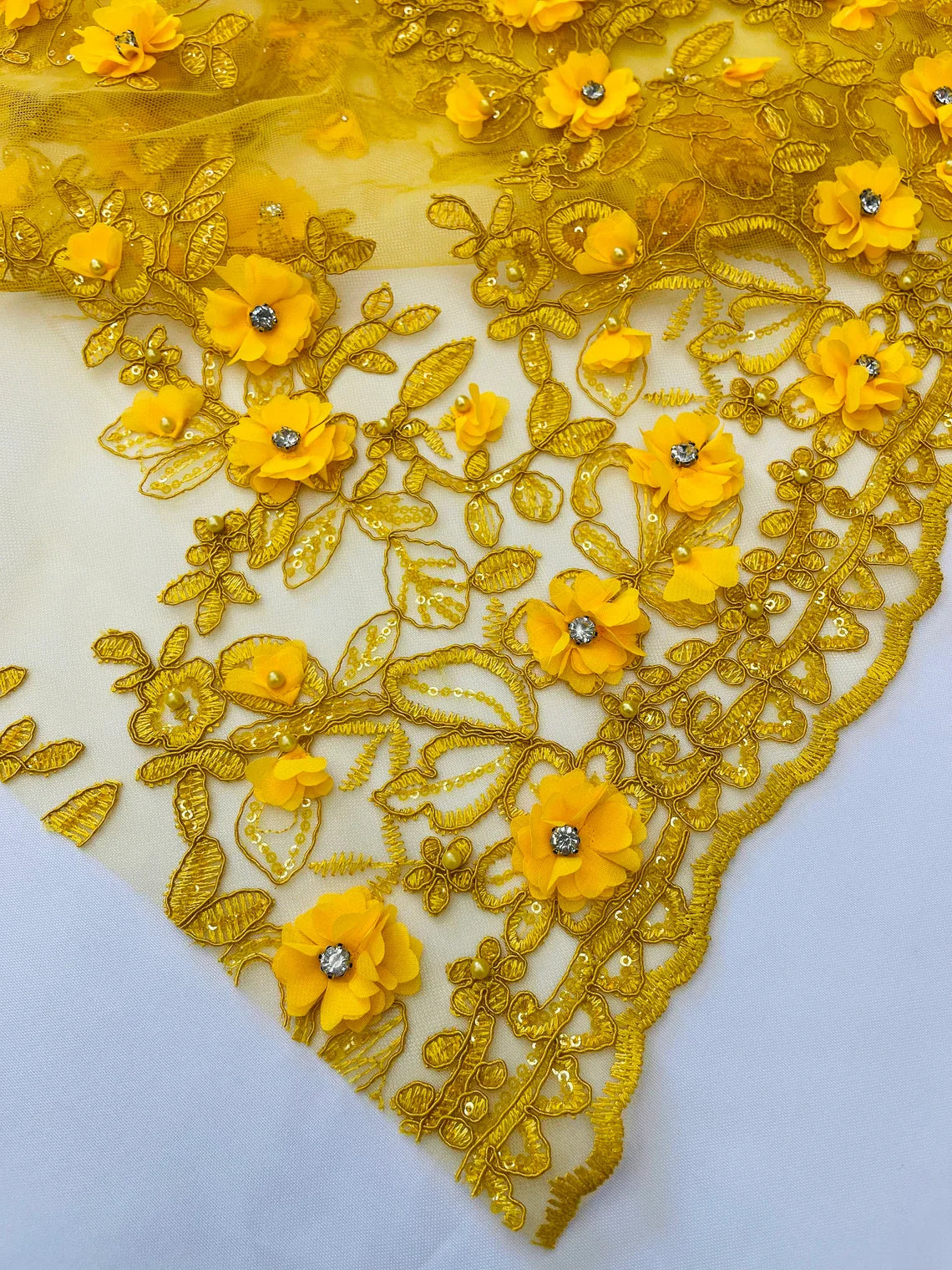 3D Embroidered Floral Fabric - Dark Yellow - 3D Rhinestone and Sequins Floral Fabric Sold By Yard
