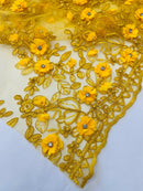 3D Embroidered Floral Fabric - Dark Yellow - 3D Rhinestone and Sequins Floral Fabric Sold By Yard