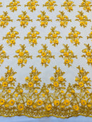 3D Embroidered Floral Fabric - Dark Yellow - 3D Rhinestone and Sequins Floral Fabric Sold By Yard