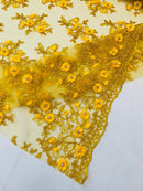 3D Embroidered Floral Fabric - Dark Yellow - 3D Rhinestone and Sequins Floral Fabric Sold By Yard