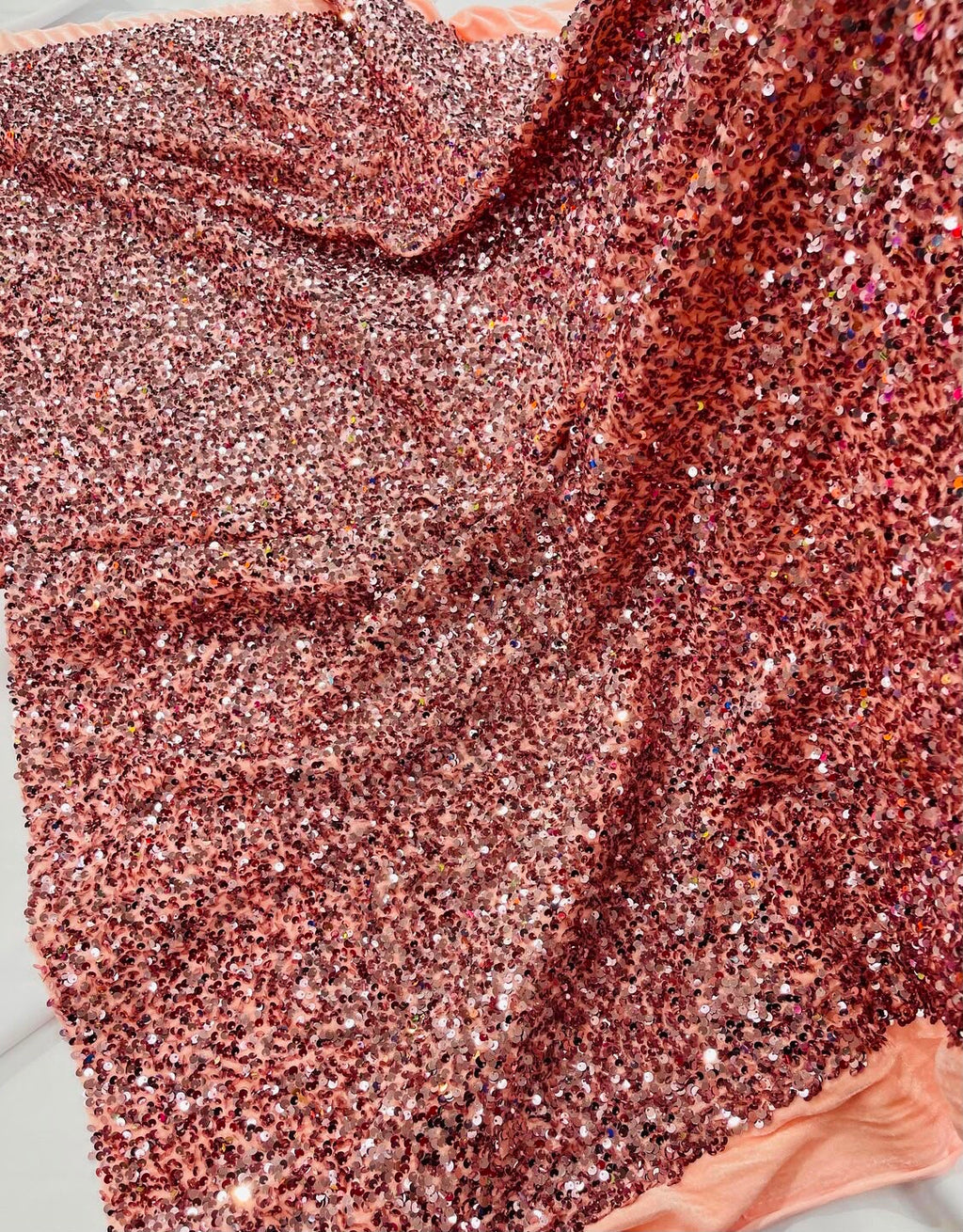 Rose Gold Velvet Stretch Sequins - Sequins on 2 Way Stretch Velvet Fabric 58/60”