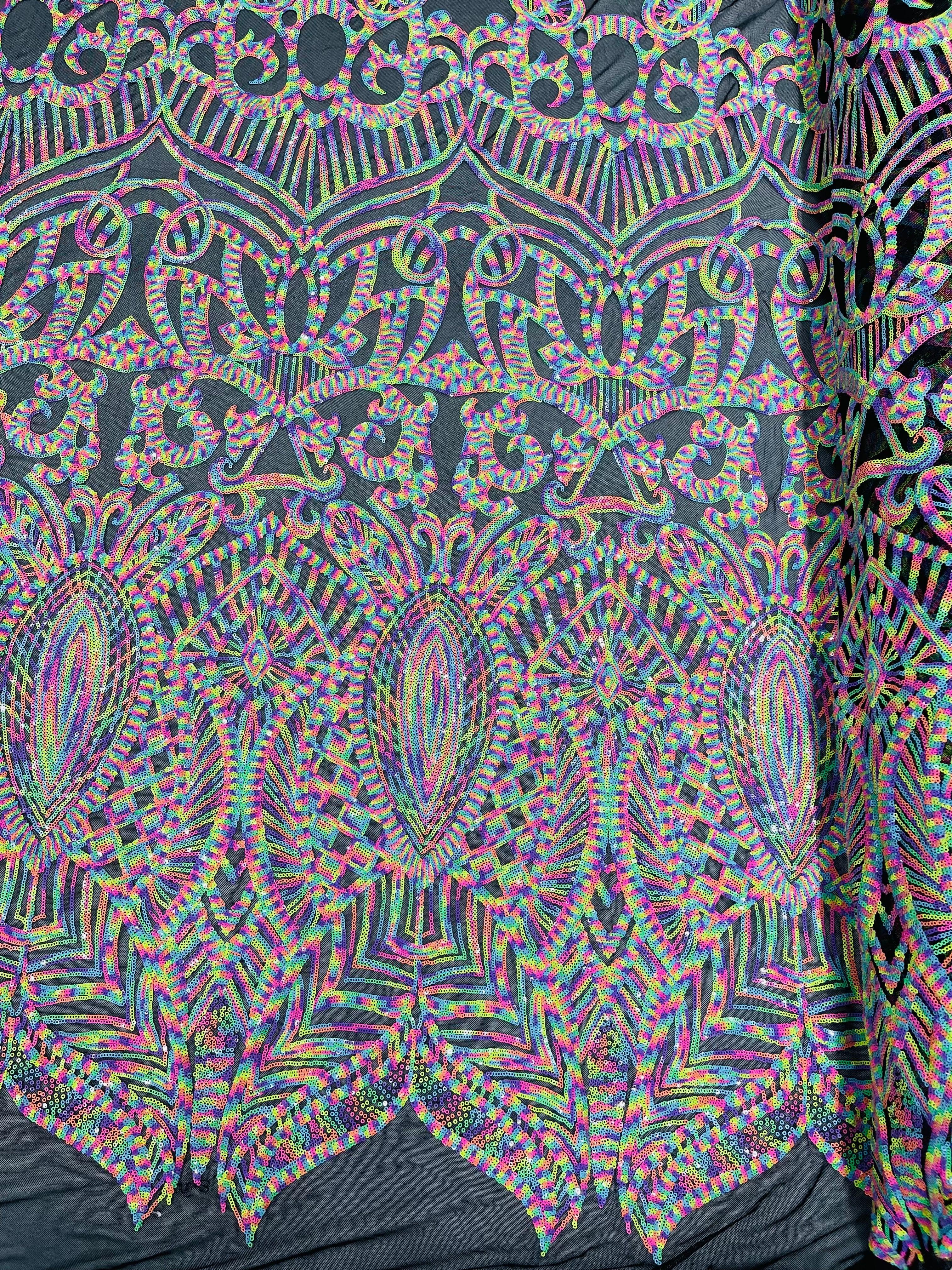 Multi Color Iridescent - Black Mesh 4 Way Stretch Embroidered Royalty Sequins Design Fabric By Yard