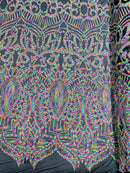 Multi Color Iridescent - Black Mesh 4 Way Stretch Embroidered Royalty Sequins Design Fabric By Yard
