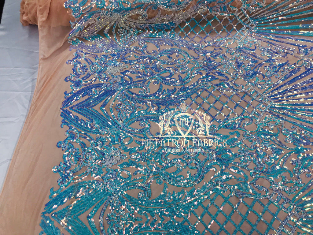 Iridescent Sequins - Lilac / Aqua - 4 Way Stretch Damask Design Fabric On Stretch Mesh By The Yard