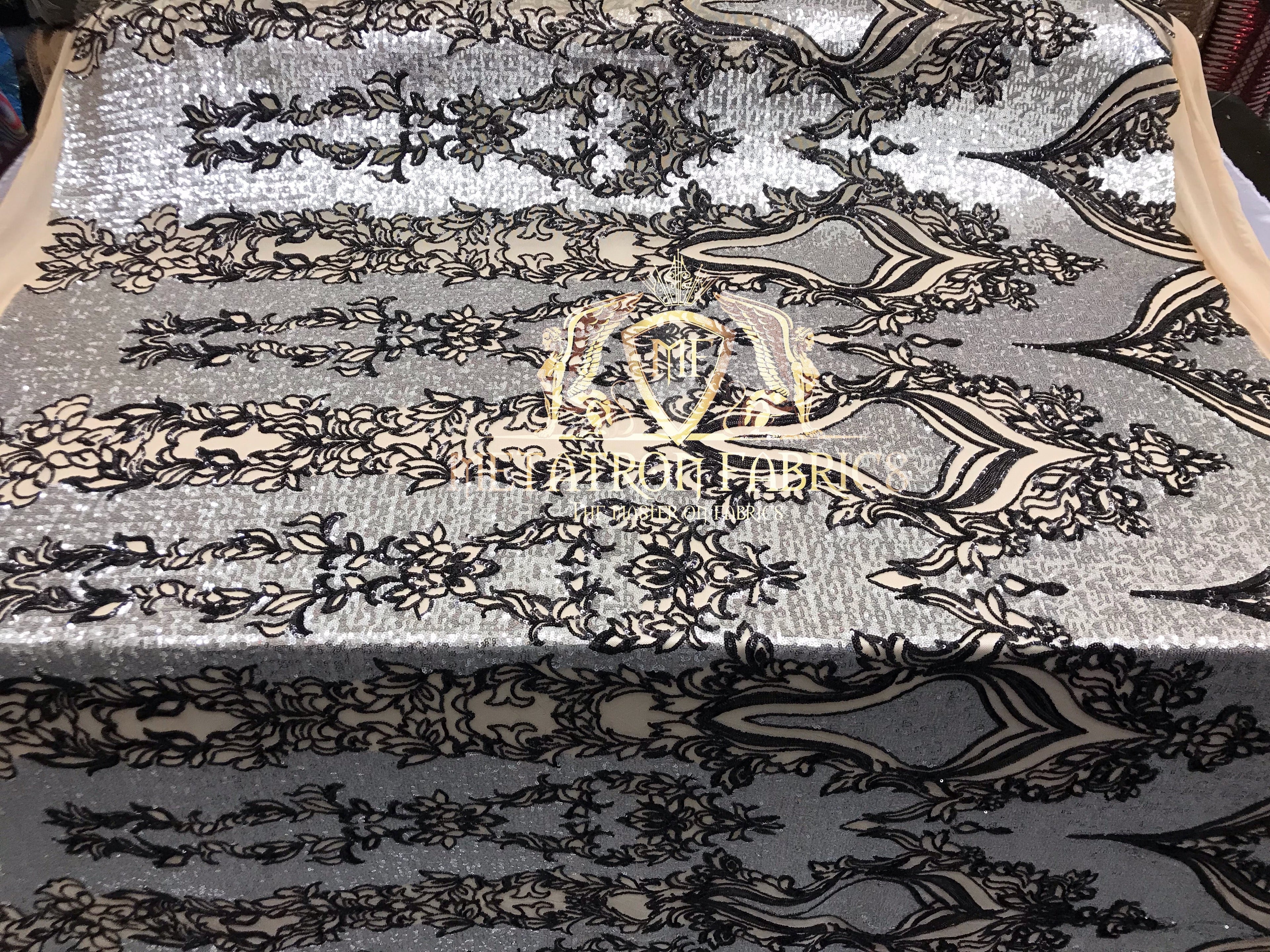 4 Way Stretch - Silver and Black - Two Tone Flower Design Sequins On Stretch Mesh By The Yard