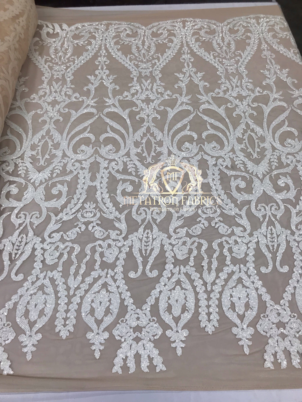4 Way Stretch - White - Sequins Damask Design Fabric Embroidered On Mesh Sold By The Yard