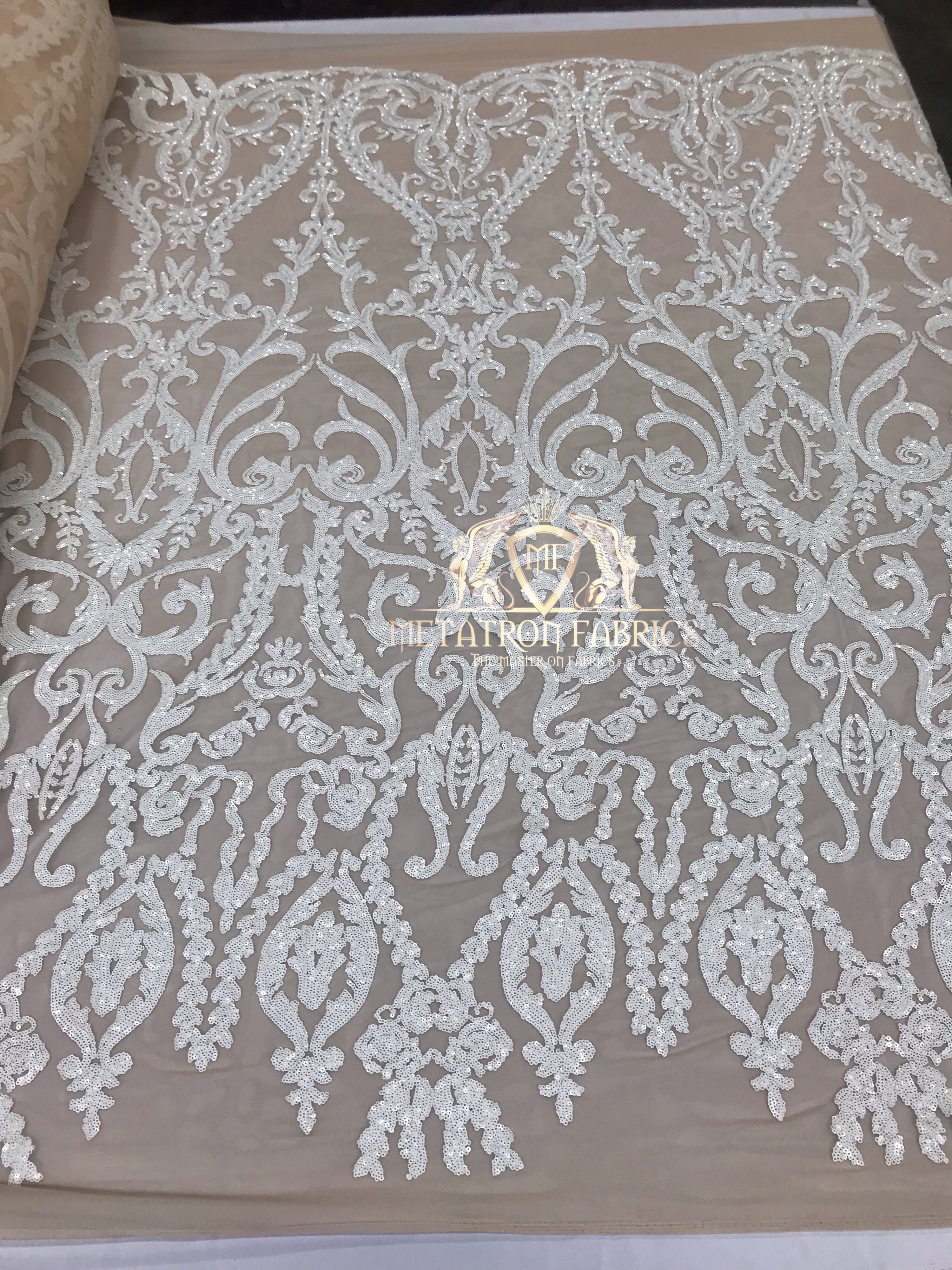 4 Way Stretch - White - Sequins Damask Design Fabric Embroidered On Mesh Sold By The Yard