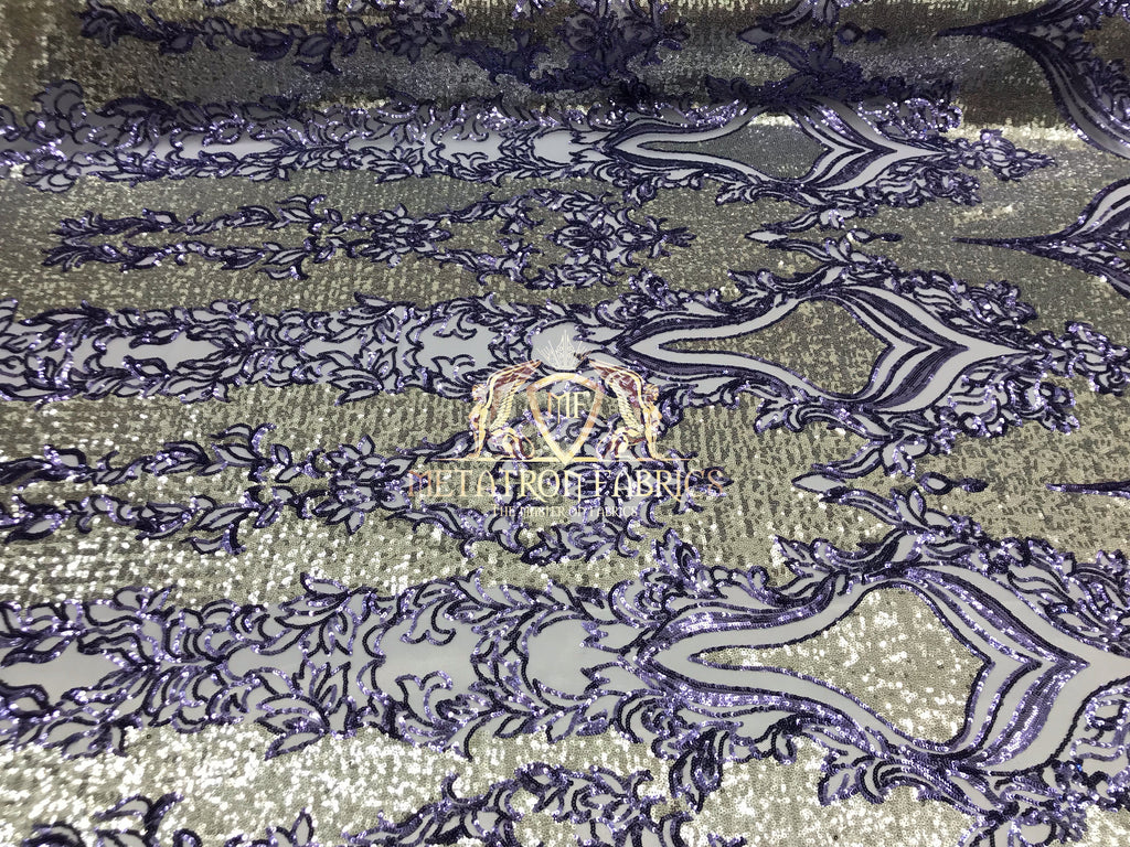 4 Way Stretch - Lilac and Gold - Two Tone Flower Design Sequins On Stretch Mesh By The Yard