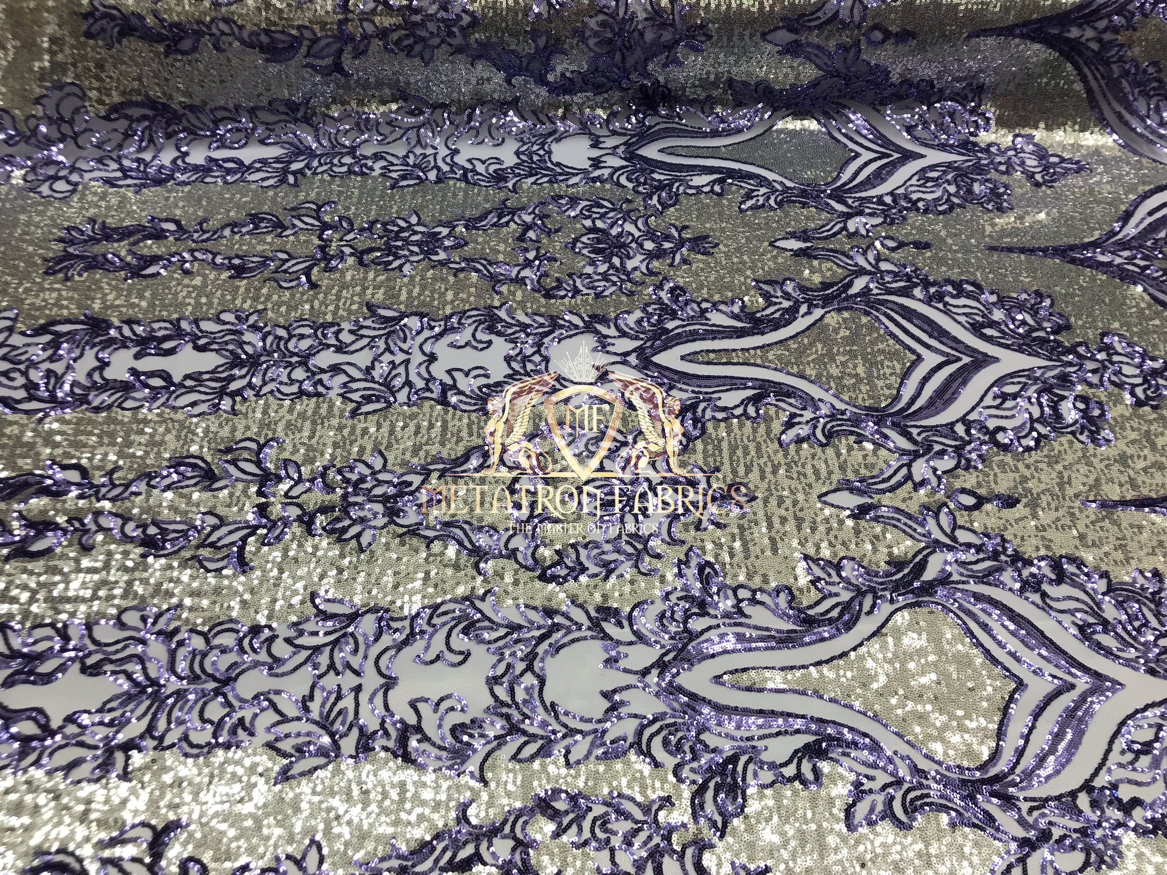 4 Way Stretch - Lilac and Gold - Two Tone Flower Design Sequins On Stretch Mesh By The Yard