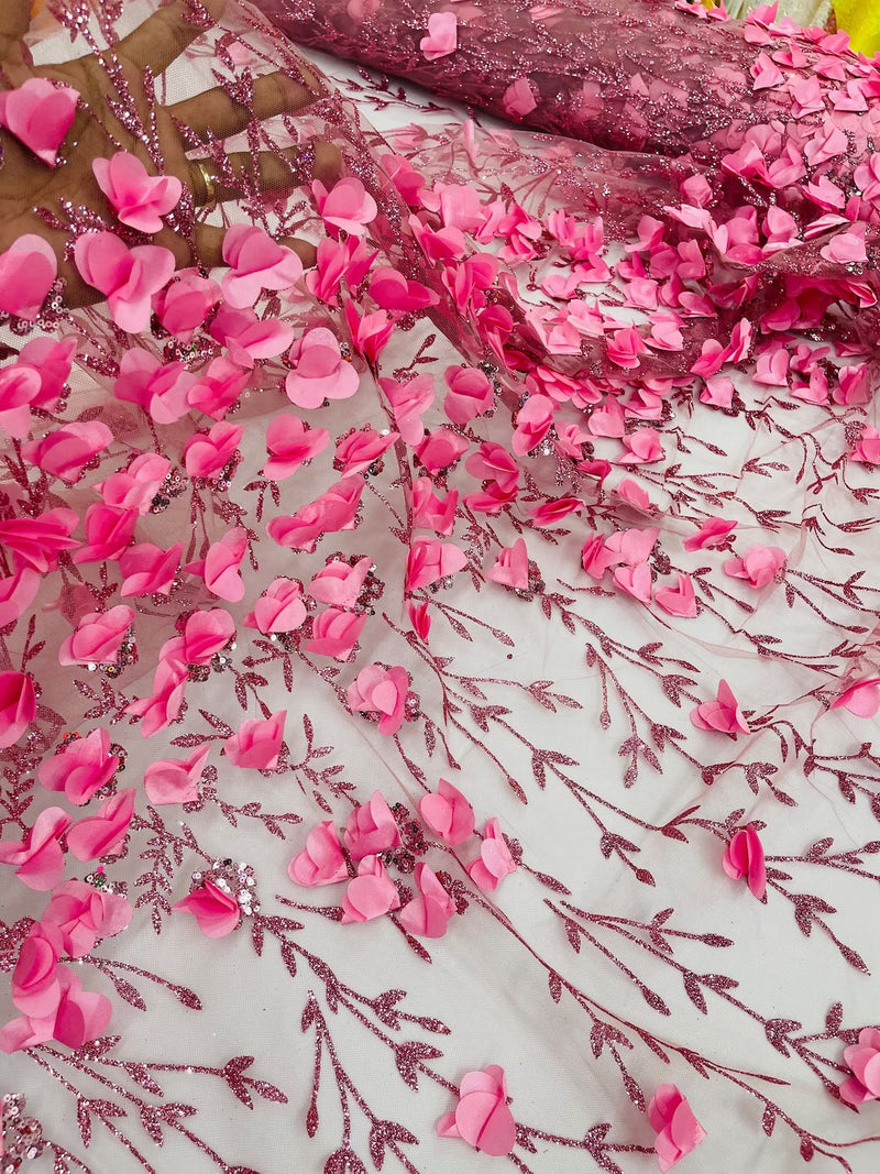 3D Flower Glitter Fabric - Dusty Pink - Flower Design on Glitter Mesh Fabric Sold By Yard