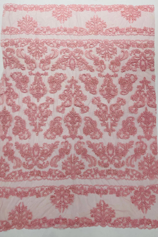 Beaded My Lady Damask Design - Dusty Pink - Beaded Fancy Damask Embroidered Fabric By Yard