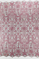 Fancy Damask Lace Fabric - Dusty Pink on Black - Embroidered Damask Design Mesh on Lace Fabric by Yard