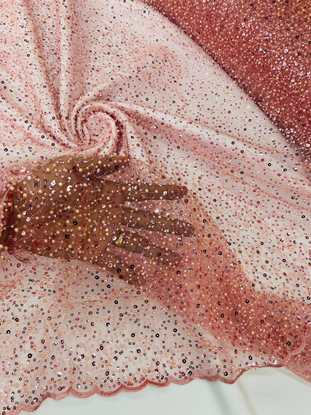3D Beaded Mesh Fabric - Dusty Pink - Embroidered Beaded Lace Mesh Fabric with Small Sequins Sold By Yard