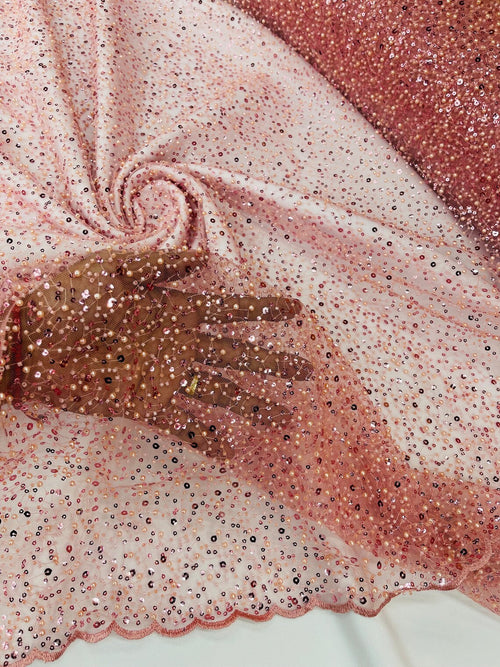 3D Beaded Mesh Fabric - Dusty Pink - Embroidered Beaded Lace Mesh Fabric with Small Sequins Sold By Yard