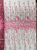 3D Flower Glitter Fabric - Dusty Pink - Flower Design on Glitter Mesh Fabric Sold By Yard