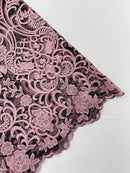 Fancy Damask Lace Fabric - Dusty Pink on Black - Embroidered Damask Design Mesh on Lace Fabric by Yard