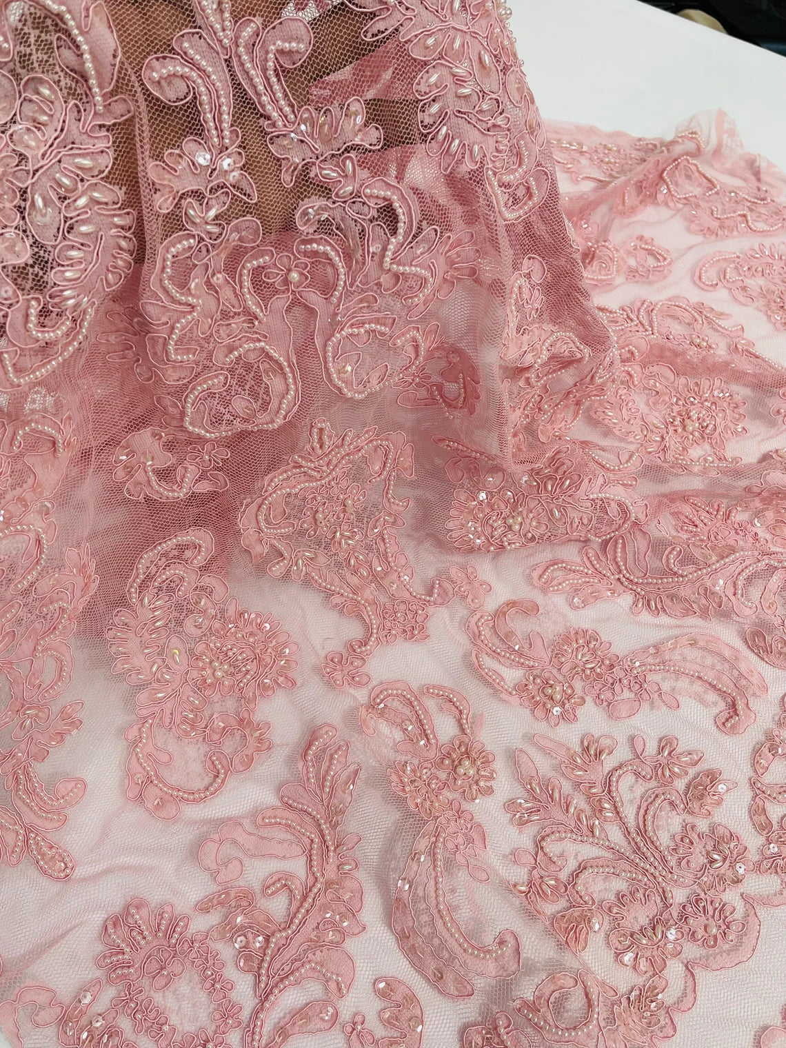 Beaded My Lady Damask Design - Dusty Pink - Beaded Fancy Damask Embroidered Fabric By Yard