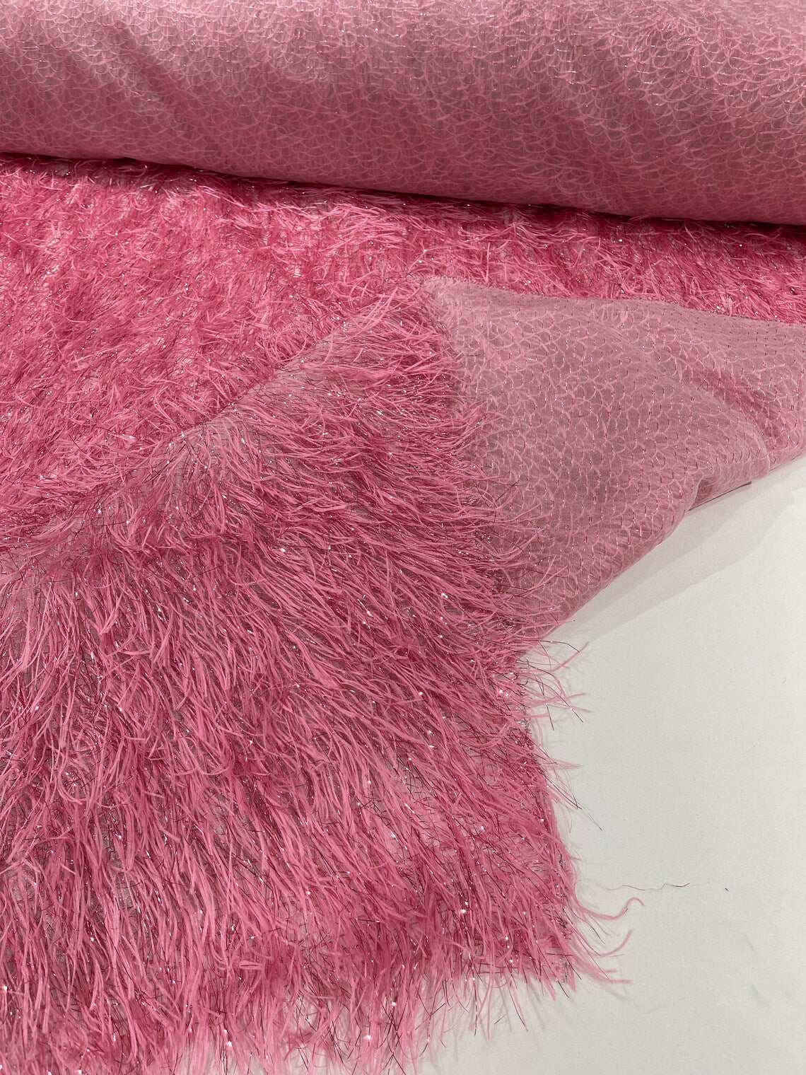 Metallic Eyelash Fabric - Dusty Pink - Feather/Eyelash/Fringe Design on Mesh By Yard