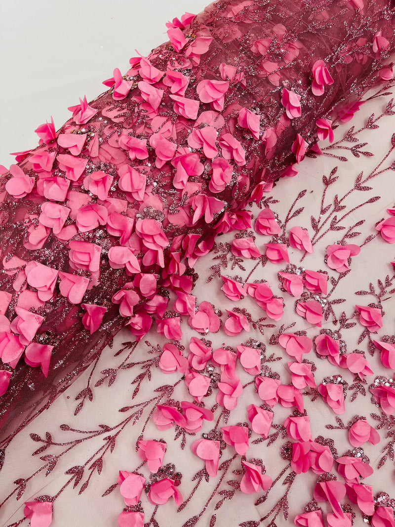 3D Flower Glitter Fabric - Dusty Pink - Flower Design on Glitter Mesh Fabric Sold By Yard