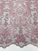 Fancy Damask Lace Fabric - Dusty Pink on Black - Embroidered Damask Design Mesh on Lace Fabric by Yard
