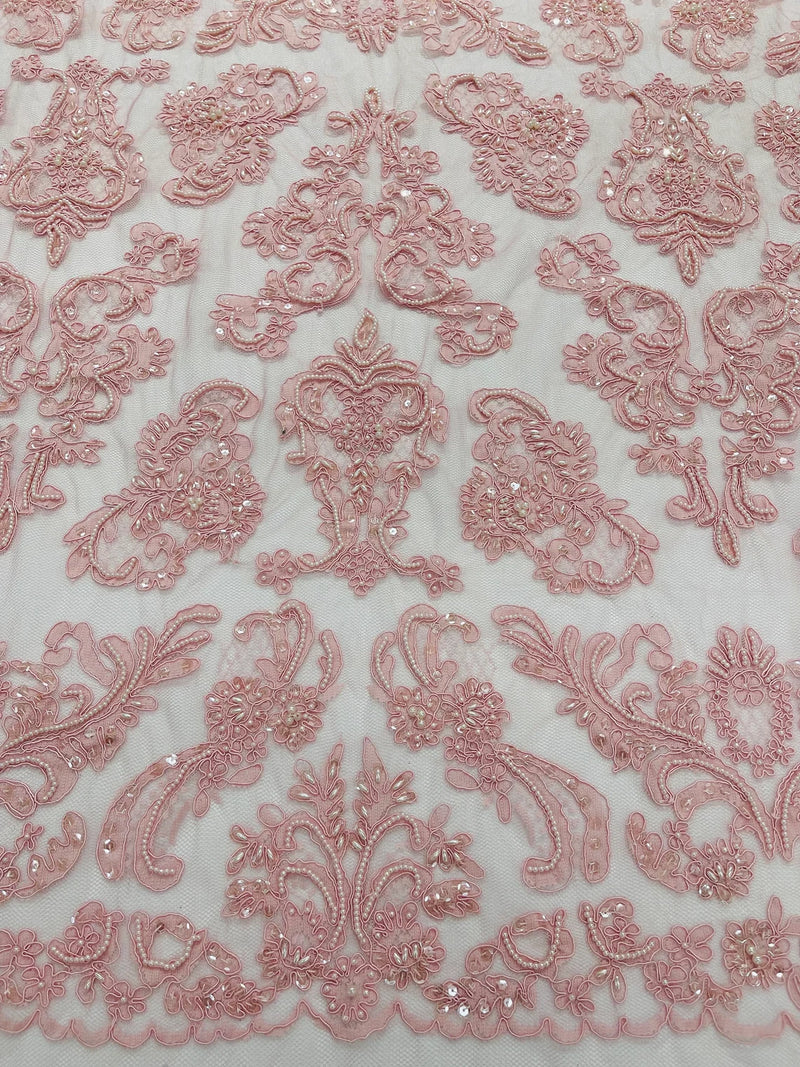 Beaded My Lady Damask Design - Dusty Pink - Beaded Fancy Damask Embroidered Fabric By Yard