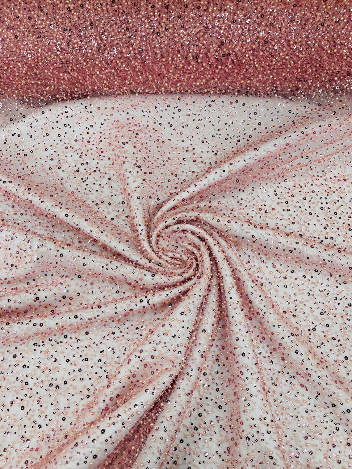 3D Beaded Mesh Fabric - Dusty Pink - Embroidered Beaded Lace Mesh Fabric with Small Sequins Sold By Yard