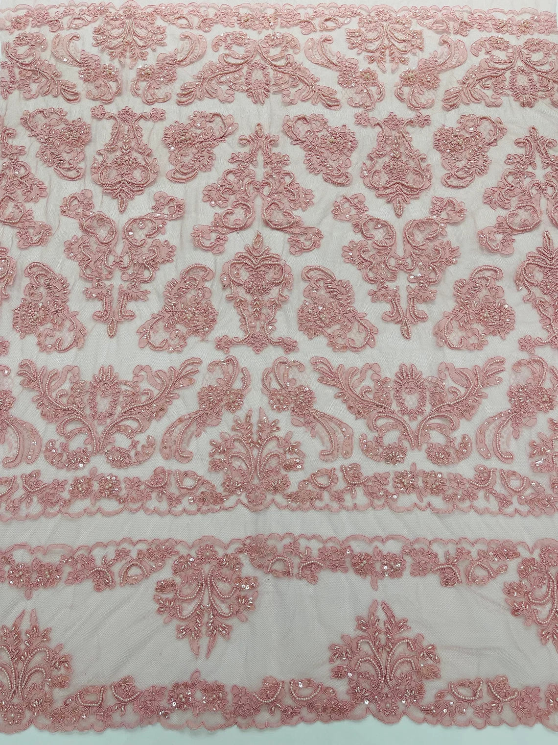 Beaded My Lady Damask Design - Dusty Pink - Beaded Fancy Damask Embroidered Fabric By Yard