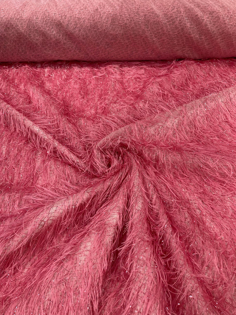Metallic Eyelash Fabric - Dusty Pink - Feather/Eyelash/Fringe Design on Mesh By Yard