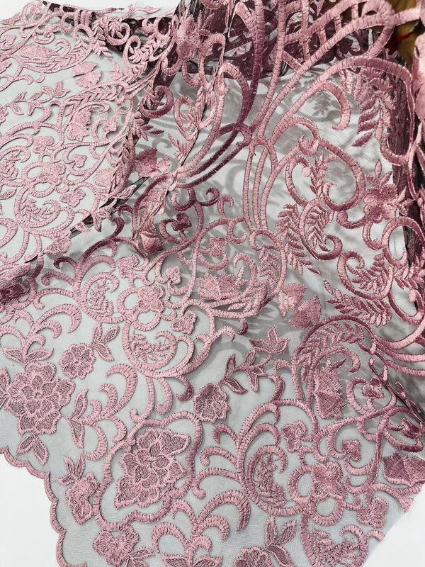 Fancy Damask Lace Fabric - Dusty Pink on Black - Embroidered Damask Design Mesh on Lace Fabric by Yard