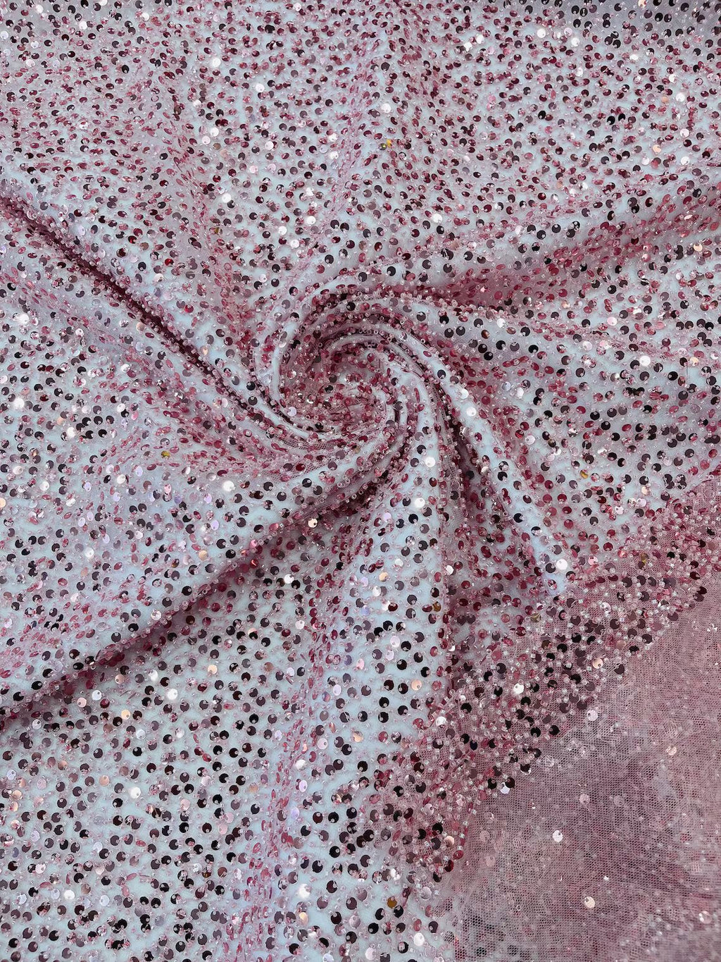 Pearl Sequins Bead Fabric - Dusty Pink - Small Beads and Sequins Embroidered on Lace By Yard