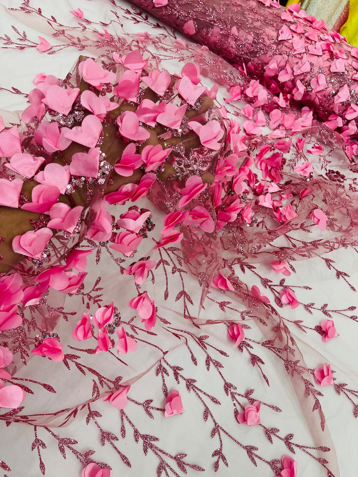 3D Flower Glitter Fabric - Dusty Pink - Flower Design on Glitter Mesh Fabric Sold By Yard